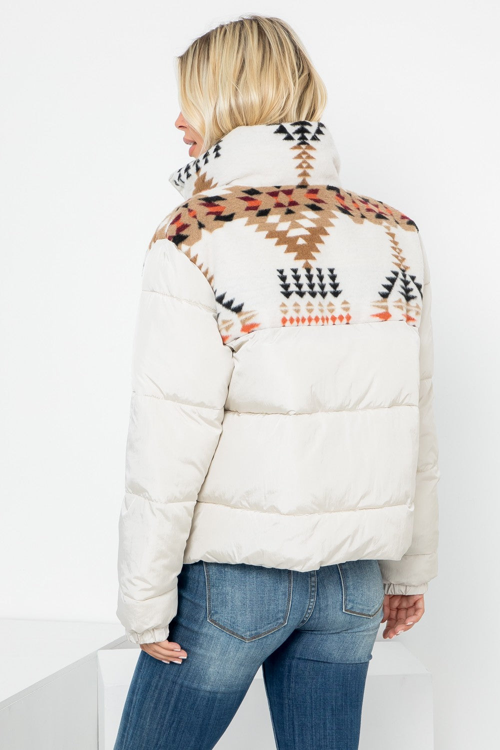 Aztec Print Detail Nylon Puffer Jacket