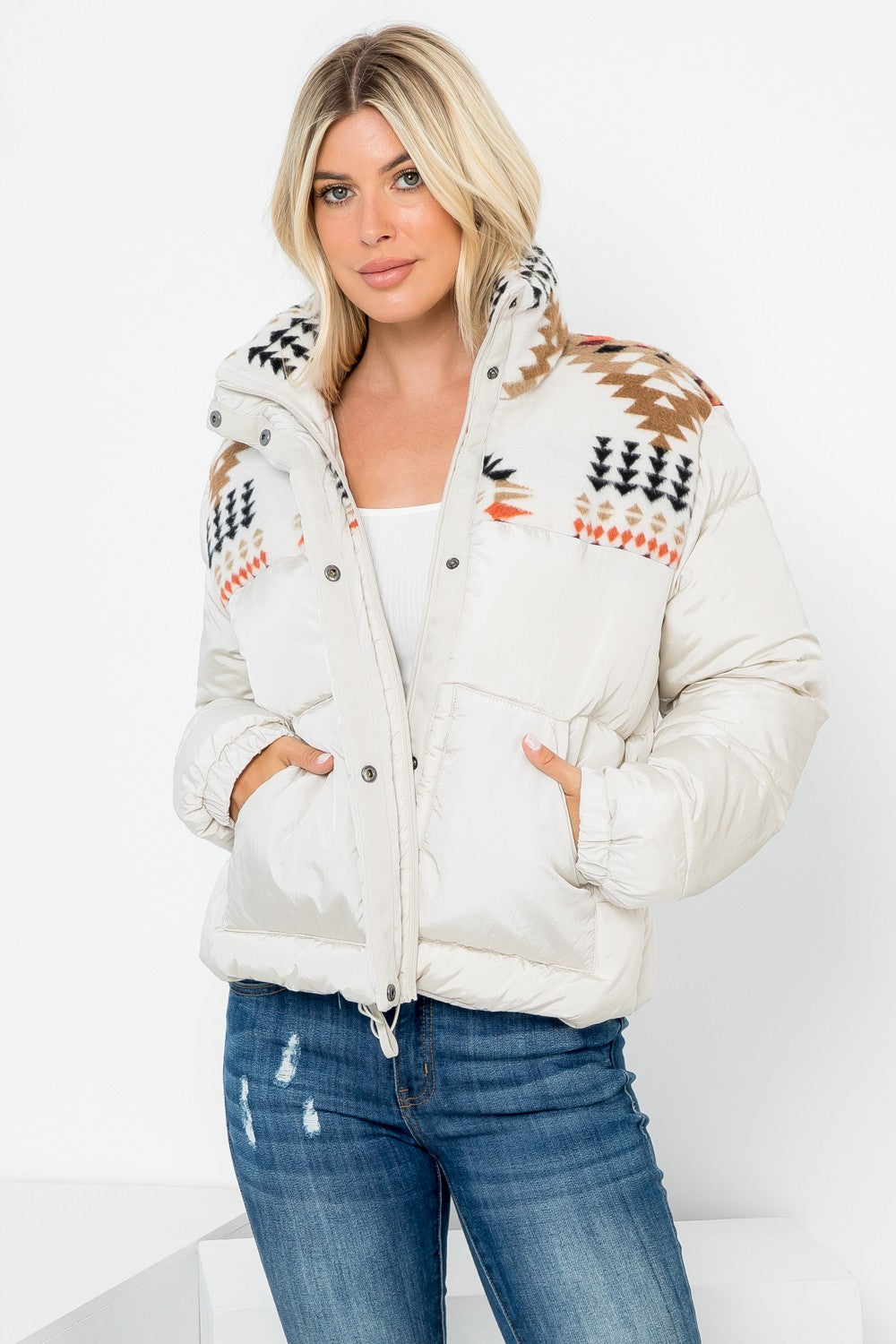 Aztec Print Detail Nylon Puffer Jacket
